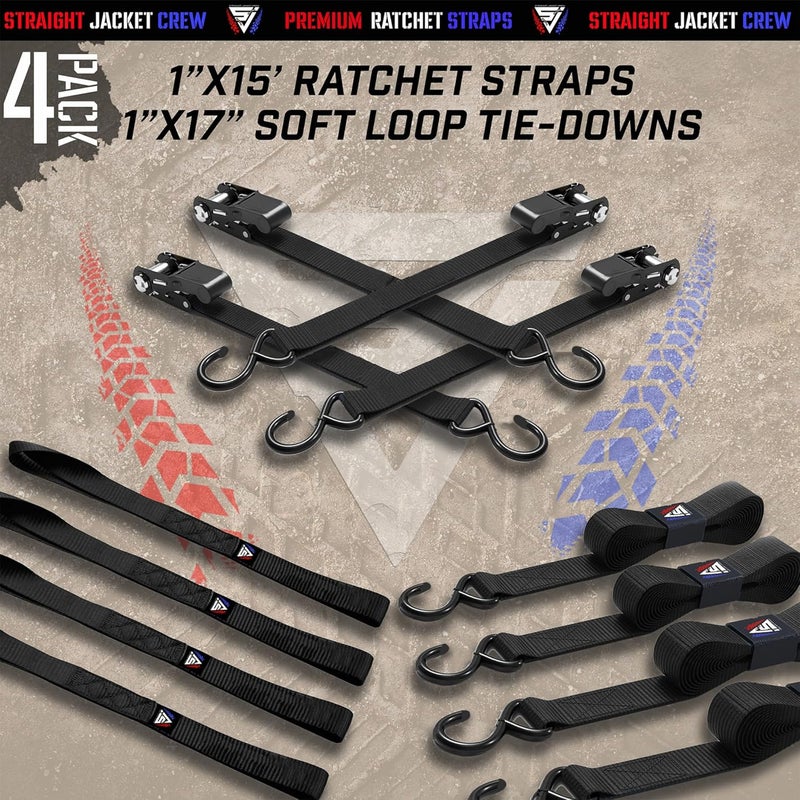 Straight Jacket Crew Ratchet Tie Down Straps (4 Pack) - 1,823lb Max Break Strength incl. (4) Heavy Duty 1" x 15' Rachet Tie Downs with Hooks & Handles Best for Moving Securing Cargo by (Black) - Image 5